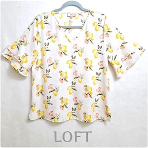 Loft, Fresh & Fun Lemons Top with Ruffled Sleeves, Easy Care, Size Small